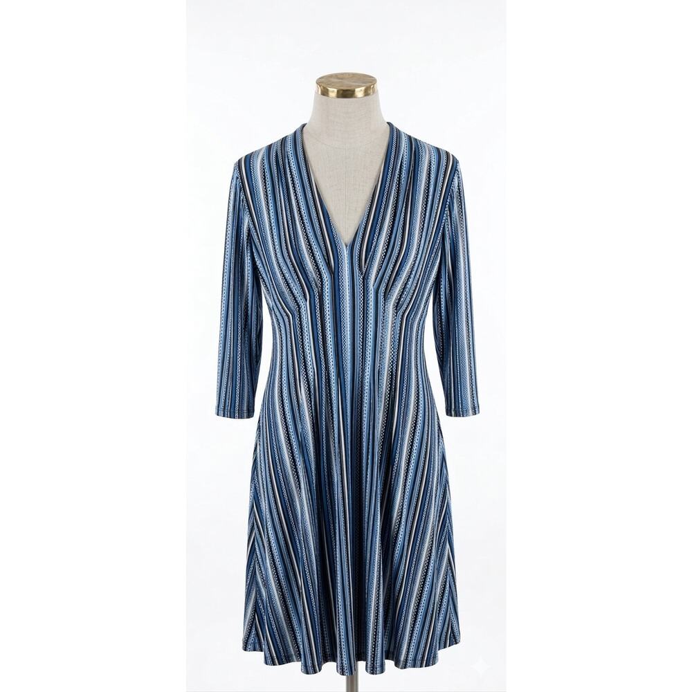Catherine Malandrino M Blue Chain Stripe V-Neck 3/4 Sleeve Dress